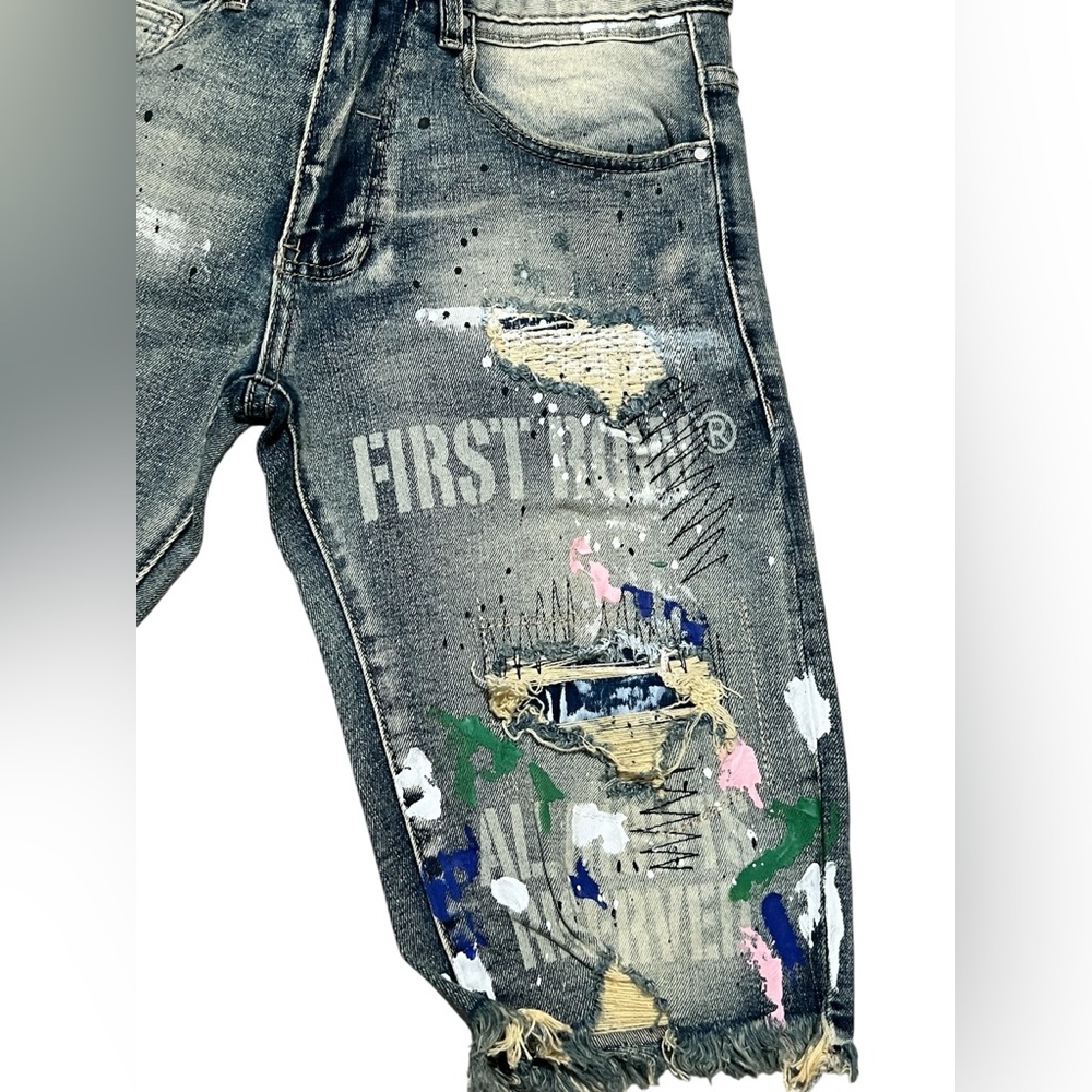 First Row Distressed Ripped Denim Jean Shorts Men’s Paint Splatter Jorts size 30 - Picture 7 of 12